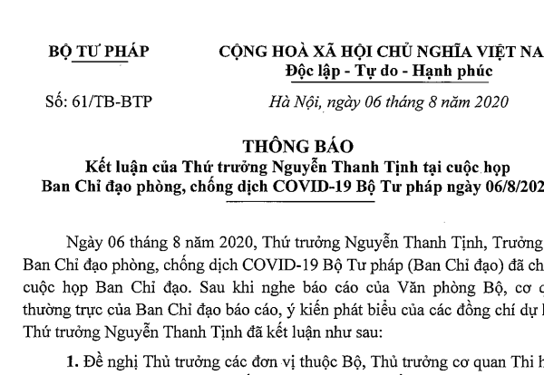 Thông báo kết luận của Thứ trưởng Nguyễn Thanh Tịnh tại cuộc họp BCĐ phòng, chống dịch COVID-19 Bộ Tư pháp ngày 06/8/2020