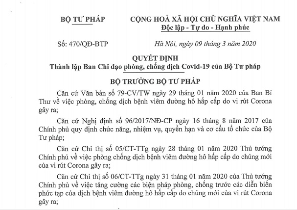 Quyết định thành lập Ban Chỉ đạo phòng, chống dịch Covid-19 của Bộ Tư pháp