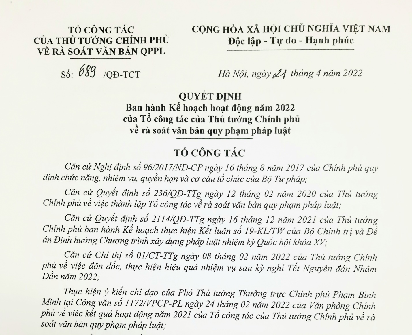 Tổ công tác của Thủ tướng Chính phủ về rà soát văn bản quy phạm pháp luật ban hành Kế hoạch hoạt động năm 2022