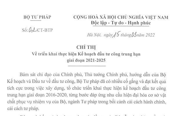 Bộ Tư pháp ban hành Chỉ thị v/v triển khai thực hiện Kế hoạch đầu tư công trung hạn giai đoạn 2021-2025