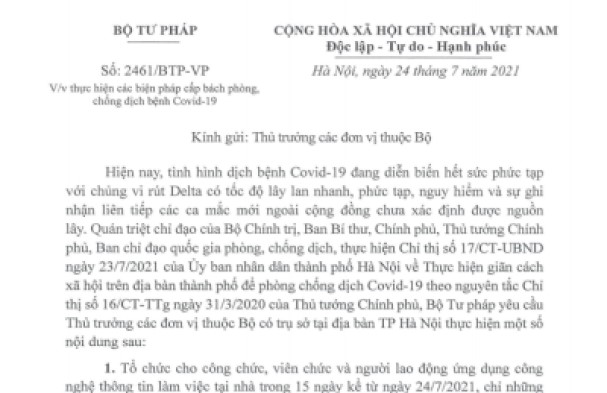 Công văn 2461/BTP-VP về việc thực hiện các biện pháp cấp bách phòng, chống dịch bệnh Covid-19