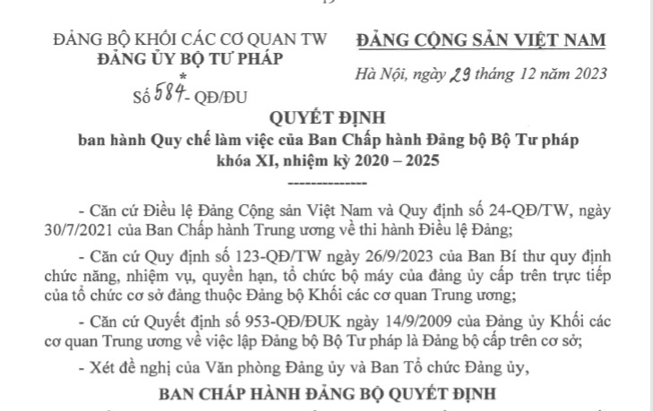 Quyết định ban hành quy chế làm việc của BCH Đảng bộ Bộ Tư pháp khóa XI, nhiệm kỳ 2020-2025