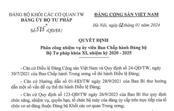 Quyết định phân công nhiệm vụ ủy viên BCH Đảng bộ Bộ Tư pháp khóa XI, nhiệm kỳ 2020-2025