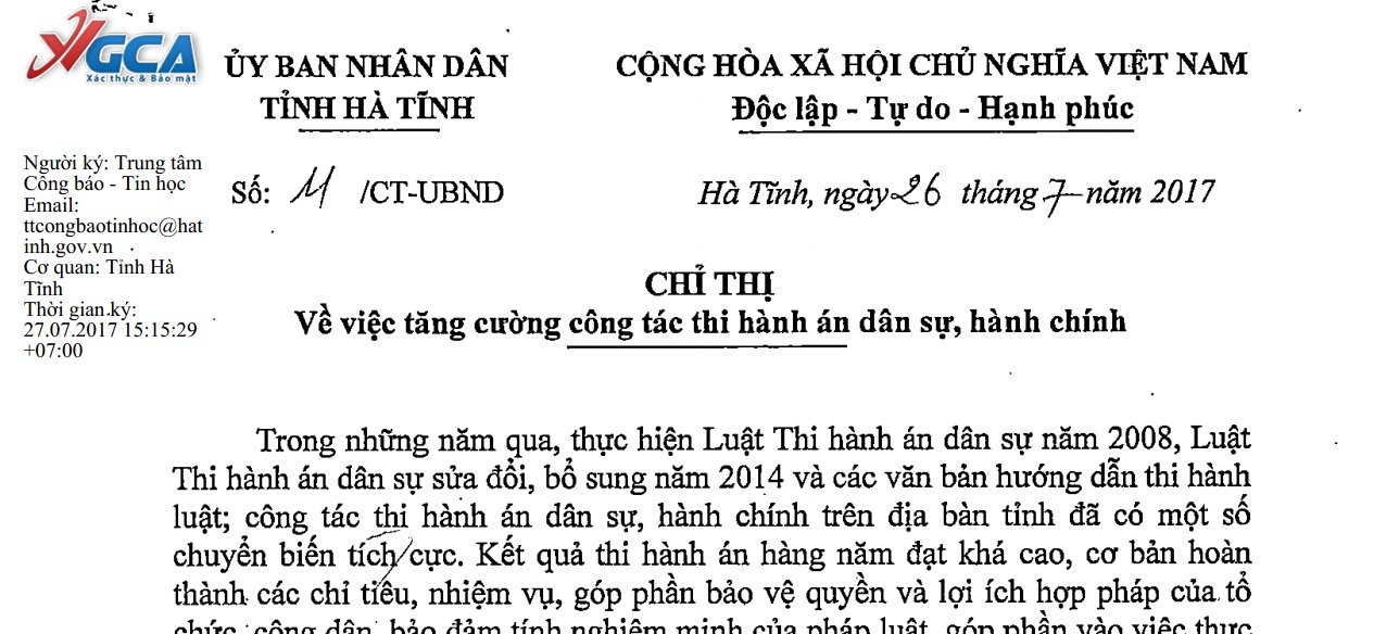 UBND tỉnh Hà Tĩnh ban hành Chỉ thị tăng cường công tác thi hành án dân sự, hành chính