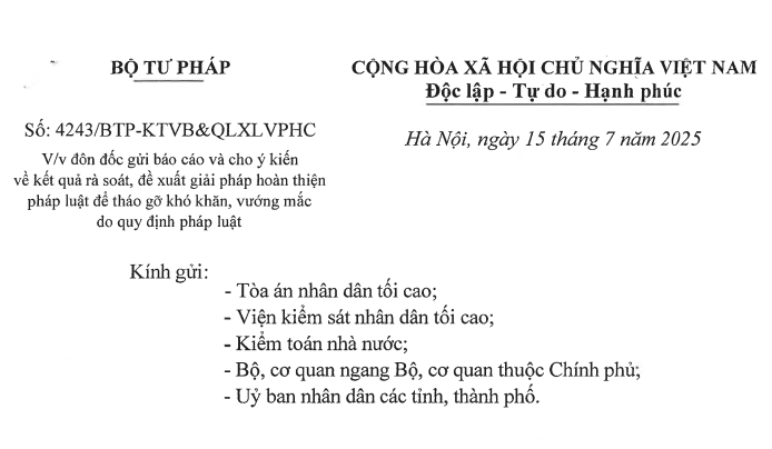 Ảnh đại diện Đôn đốc các bộ, ngành, cơ quan trung ương và địa phương gửi báo cáo và cho ý kiến về kết quả rà soát, đề xuất giải pháp hoàn thiện pháp luật để tháo gỡ khó khăn, vướng mắc do quy định pháp luật