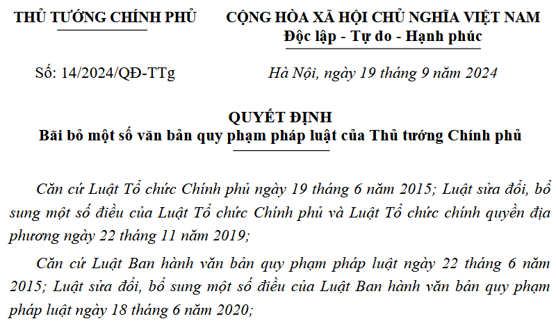 Ảnh đại diện Repealing a number of the Prime Minister’s legal documents
