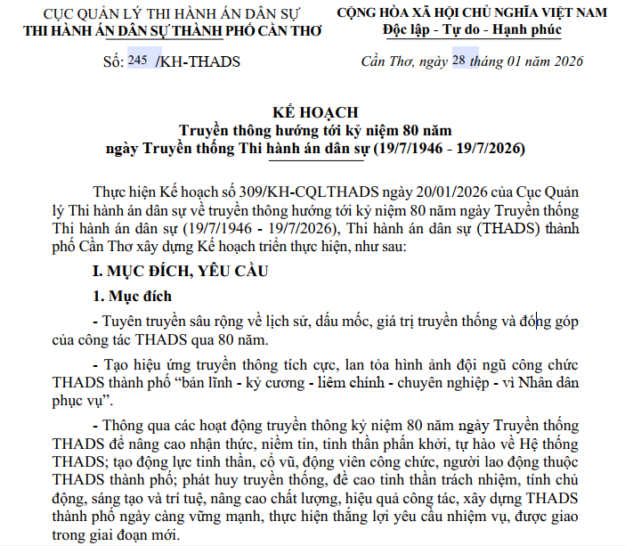THADS thành phố Cần Thơ ban hành Kế hoạch truyền thông hướng tới kỷ niệm 80 năm ngày Truyền thống Thi hành án dân sự (19/7/1946 - 19/7/2026)