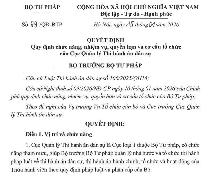 Quyết định số 89/QĐ-BTP ngày 15/01/2026 của Bộ trưởng Bộ Tư pháp quy định chức năng, nhiệm vụ, quyền hạn và cơ cấu tổ chức của Cục Quản lý Thi hành án dân sự
