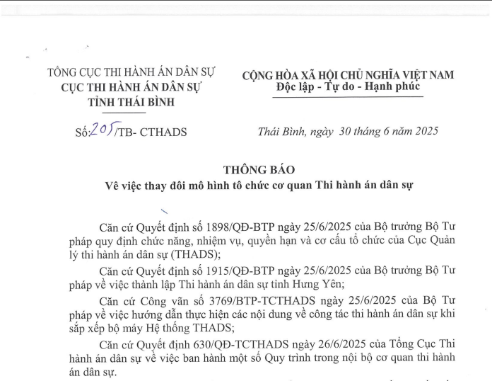 Thông báo số 205/TB-CTHADS ngày 30/6/2025 về việc thay đổi mô hình tổ chức cơ quan Thi hành án dân sự của Cục Thi hành án dân sự tỉnh Thái Bình