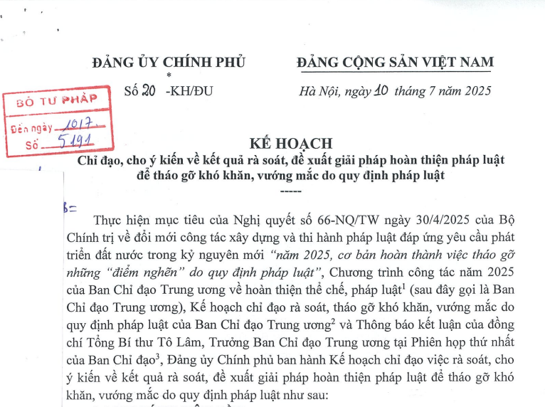 Ảnh đại diện Đảng ủy Chính phủ ban hành kế hoạch chỉ đạo, cho ý kiến về kết quả rà soát, đề xuất giải pháp hoàn thiện pháp luật để tháo gỡ khó khăn, vướng mắc do quy định pháp luật
