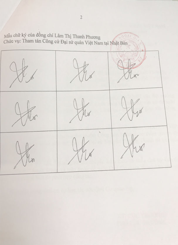 Bộ Ngoại giao đồng ý chấp thuận: đồng chí Lâm Thị Thanh Phương – Tham tán Công sứ, Đại sứ quán nước Cộng hòa xã hội chủ nghĩa Việt Nam tại Nhật Bản được ký các giấy tờ lãnh sự