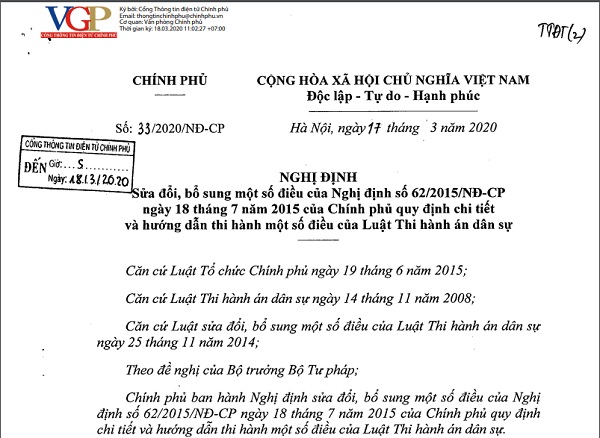 Bộ Tư pháp ban hành văn bản hợp nhất số 1357/VBHN-BTP (Nghị định số 33/2020/NĐ-CP ngày 17/3/2020 của Chính phủ về sửa đổi, bổ sung một số điều của Nghị định 62/2015/NĐ-CP ngày 18/7/2015 của Chính phủ)
