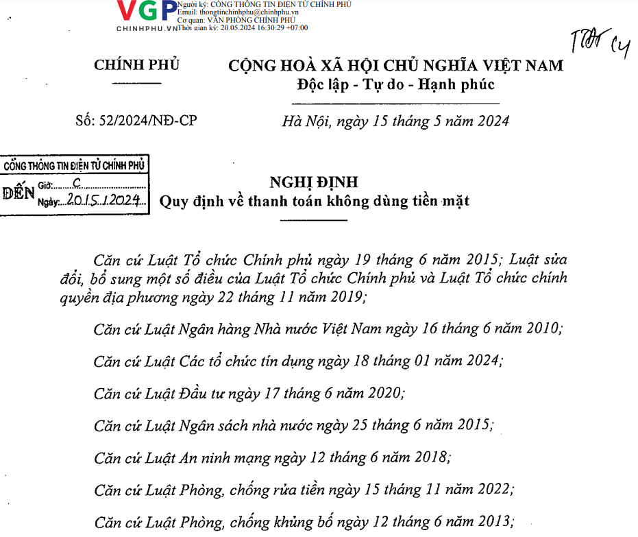 Ảnh đại diện Nghị định 52/2024/NĐ-CP về thanh toán không dùng tiền mặt