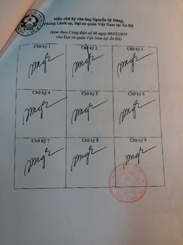 Bộ Ngoại giao đồng ý chấp thuận: đồng chí Nguyễn Sỹ Dũng – Bí thư thứ Ba, Đại sứ quán nước Cộng hòa xã hội chủ nghĩa Việt Nam tại Ấn Độ được ký các giấy tờ lãnh sự