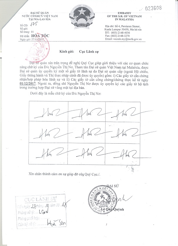 Bộ Ngoại giao thông báo: Đồng chí Nguyễn Thị Nơ – Đại sứ đắc mệnh toàn quyền nước CHXHCN Việt Nam tại Malaysia được ủy quyền ký các giấy tờ về lãnh sự của Đại sứ quán