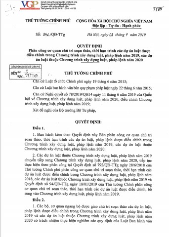 Thủ tướng Chính phủ ký Quyết định phân công cơ quan chủ trì soạn thảo, thời hạn trình các dự án luật được điều chỉnh trong Chương trình xây dựng luật, pháp lệnh năm 2019, các dự án luật thuộc Chương trình xây dựng luật, pháp lệnh năm 2020