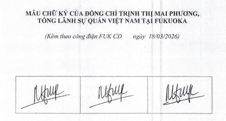 Thông báo chữ ký lãnh sự của đồng chí Trịnh Thị Mai Phương, Tổng Lãnh sự quán Việt Nam tại Fokuoka, Nhật Bản