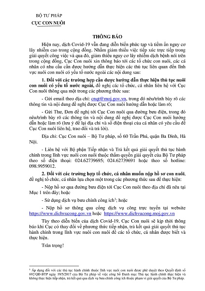 Thông báo về việc tiếp công dân và tiếp nhận hồ sơ đăng ký việc nuôi con nuôi có yếu tố nước ngoài tại Cục Con nuôi, Bộ Tư pháp trong thời gian dịch Covid-19