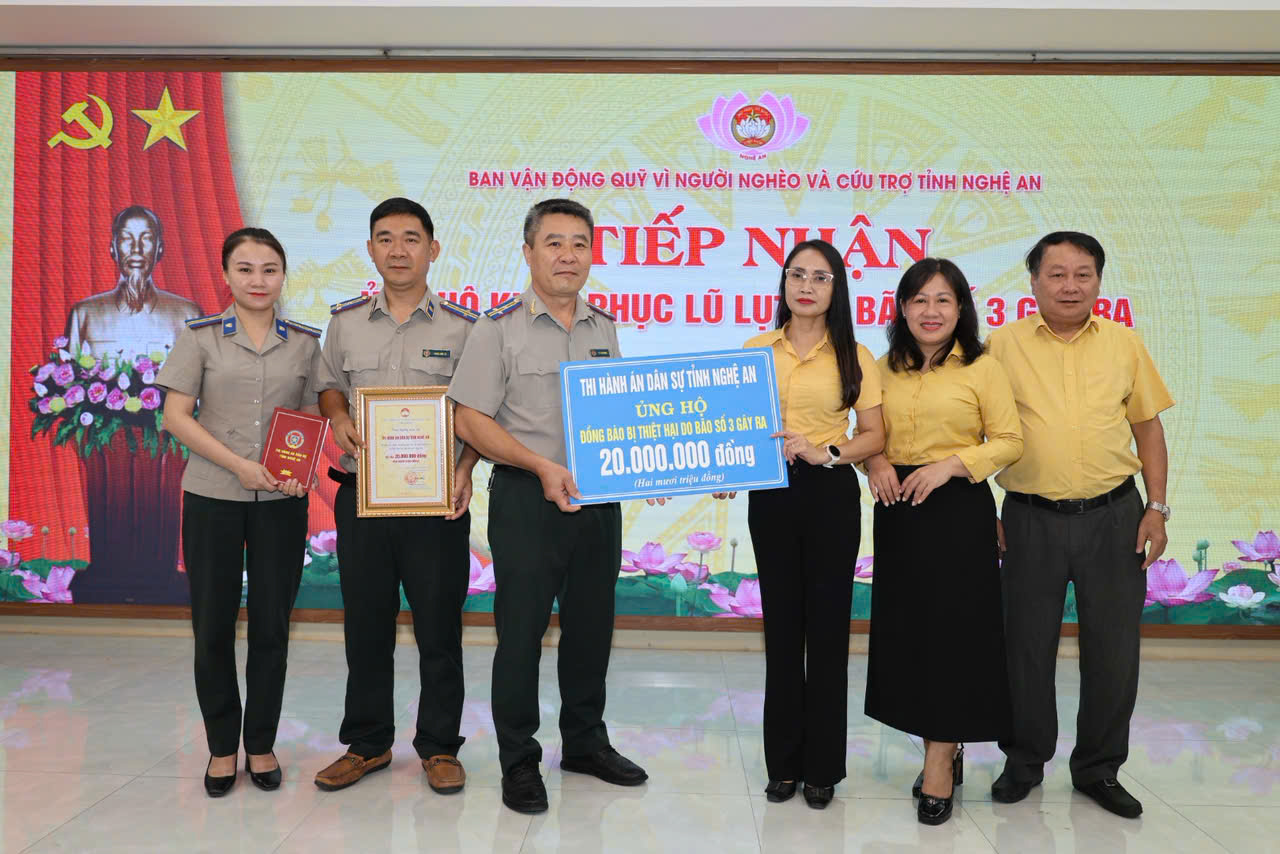 Cơ quan Thi hành án dân sự tỉnh Nghệ An kêu gọi ủng hộ đồng bào tỉnh Nghệ An đang bị ảnh hưởng bởi thiên tai, lũ lụt.