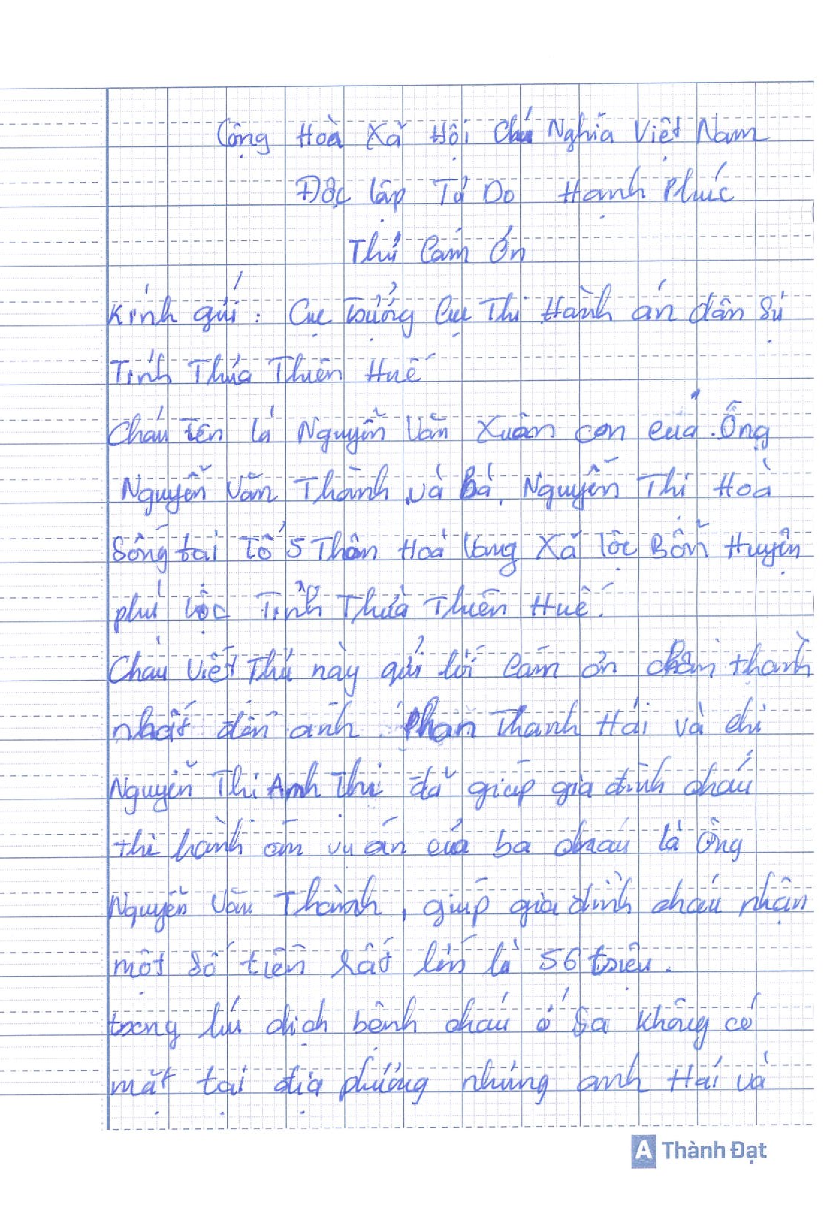 NGƯỜI DÂN VIẾT THƯ CÁM ƠN GỬI ĐẾN CÔNG CHỨC CƠ QUAN THI HÀNH ÁN DÂN SỰ TỈNH THỪA THIÊN HUẾ