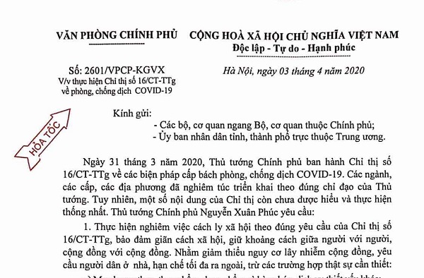 Tiếp tục thực hiện chỉ đạo của Thủ tướng Chính phủ Chỉ thị số 16/CT-TTg về phòng, chống dịch COVID-19