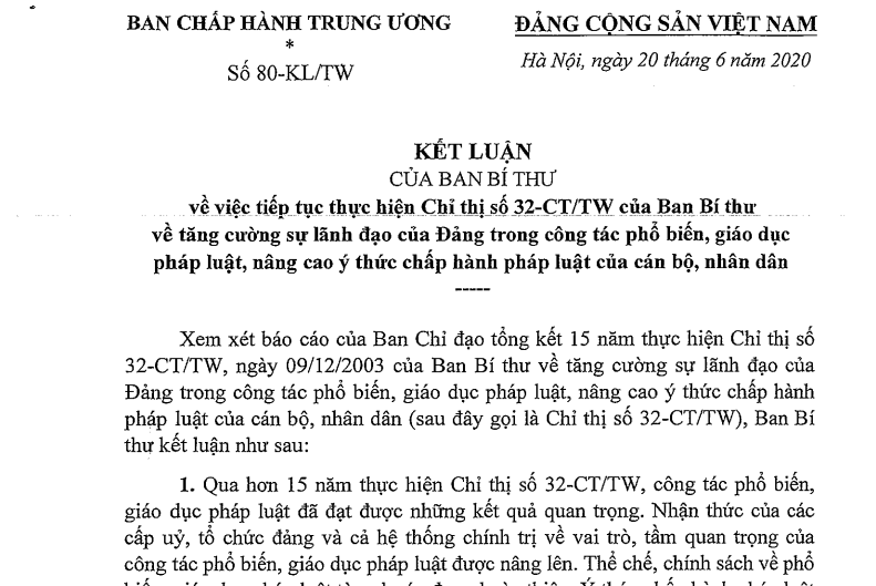 Ban Bí thư ban hành Kết luận về việc tiếp tục thực hiện Chỉ thị số 32-CT/TW về công tác phổ biến, giáo dục pháp luật