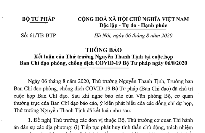 Thực hiện kết luận của Thứ trưởng Nguyễn Thanh Tịnh tại cuộc họp  BCĐ phòng, chống dịch COVID-19 Bộ Tư pháp ngày 06/8/2020