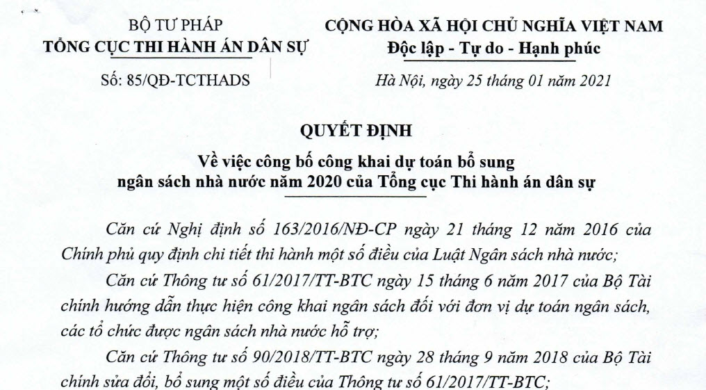 Công bố công khai dự toán bổ sung ngân sách nhà nước năm 2020 của Tổng cục THADS