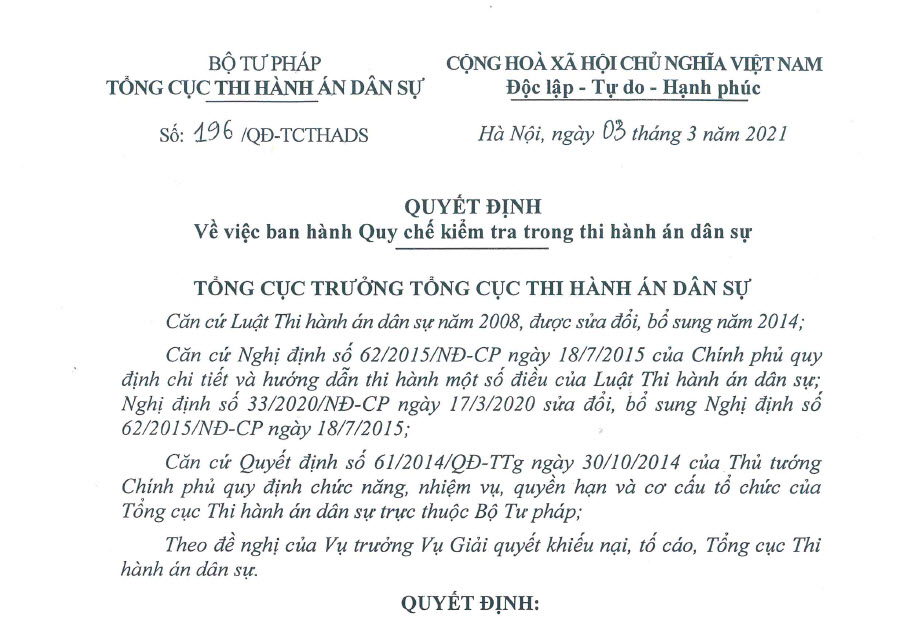Tổng cục Thi hành án dân sự ban hành Quy chế kiểm tra trong thi hành án dân sự