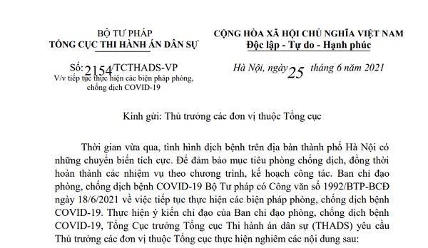 Tổng Cục trưởng Tổng cục Thi hành án dân sự yêu cầu Thủ trưởng các đơn vị thuộc Tổng cục tiếp tục thực hiện nghiêm các biện pháp phòng, chống dịch bệnh COVID-19