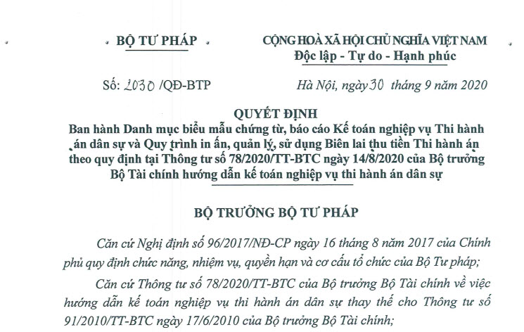 Bộ Tư pháp ban hành Danh mục biểu mẫu chứng từ, báo cáo Kế toán nghiệp vụ THADS và Quy trình in ấn, quản lý, sử dụng Biên lai thu tiền thi hành án theo quy định tại Thông tư số 78/2020/TT-BTC ngày 14/8/2020 của Bộ trưởng Bộ Tài chính