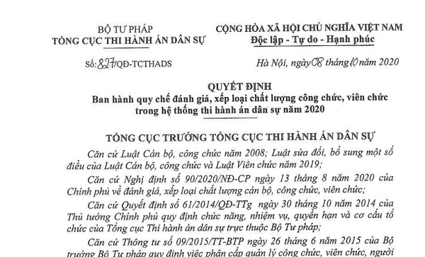 Tổng cục Thi hành án dân sự ban hành Quy chế đánh giá, xếp loại chất lượng công chức, viên chức trong hệ thống Thi hành án dân sự năm 2020