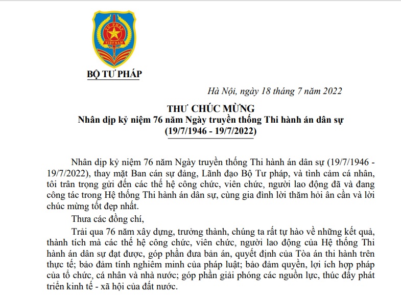 Thư chúc mừng của Bộ trưởng Lê Thành Long nhân dịp kỷ niệm 76 năm Ngày truyền thống Thi hành án dân sự (19/7/1946 - 19/7/2022)
