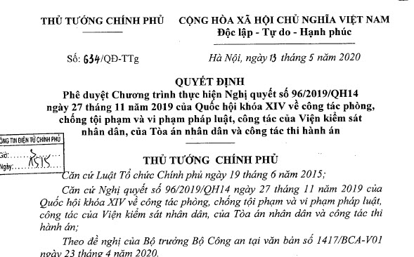 Thủ tướng Chính phủ phê duyệt Chương trình thực hiện Nghị quyết số 96/2019/QH14 ngày 27 tháng 11 năm 2019 của Quốc hội khóa XIV về công tác phòng, chống tội phạm và vi phạm pháp luật, công tác của Viện KSND, của TAND và công tác THA