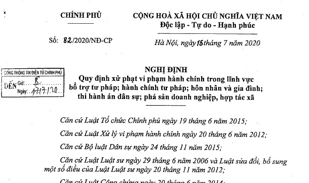 Nghị định số 82/2020/NĐ-CP của Chính phủ quy định xử phạt vi phạm hành chính trong lĩnh vực bổ trợ tư pháp; hành chính tư pháp; hôn nhân và gia đình; thi hành án dân sự; phá sản doanh nghiệp, hợp tác xã