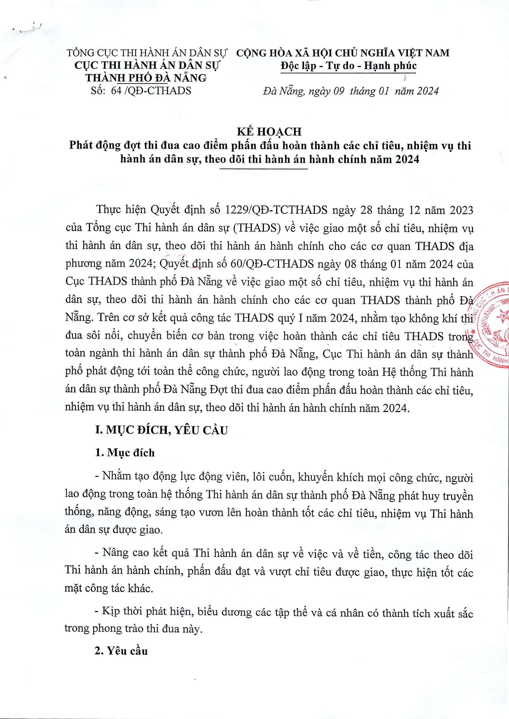 Cục Thi hành án dân sự thành phố Đà Nẵng Phát động đợt thi đua cao điểm phấn đấu hoàn thành các chỉ tiêu nhiệm vụ thi hành án dân sự, theo dõi thi hành án hành chính năm 2024