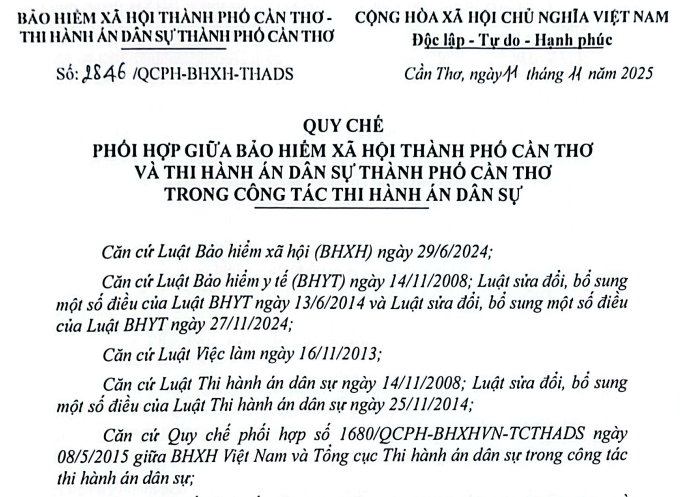Thi hành án dân sự thành phố Cần Thơ ký kết Quy chế phối hợp với Bảo hiểm xã hội thành phố Cần Thơ