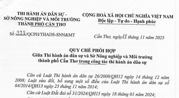Thi hành án dân sự thành phố Cần Thơ ký kết Quy chế phối hợp với Sở Nông nghiệp và Môi trường thành phố Cần Thơ