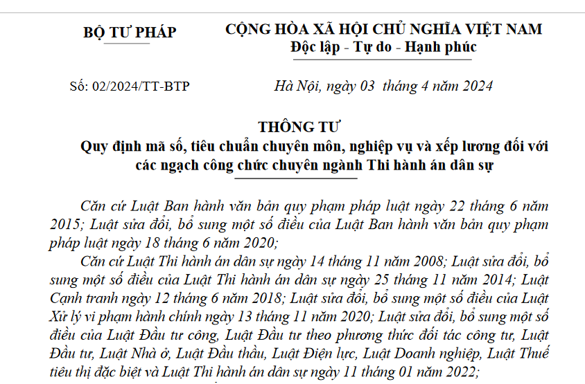Dừng ban hành Thông tư sửa đổi, bổ sung Thông tư số 02/2024/TT-BTP ngày 03/4/2024 của Bộ trưởng Bộ Tư pháp quy định về mã số, tiêu chuẩn chuyên môn, nghiệp vụ và xếp lương đối với công chức chuyên ngành THADS