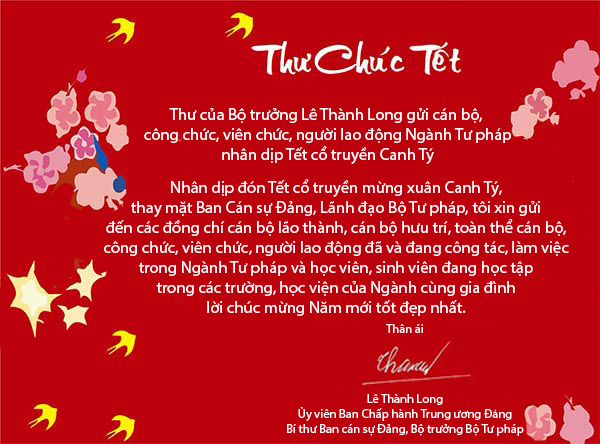 Thư của Bộ trưởng Lê Thành Long gửi cán bộ, công chức, viên chức, người lao động Ngành Tư pháp nhân dịp Tết cổ truyền Canh Tý