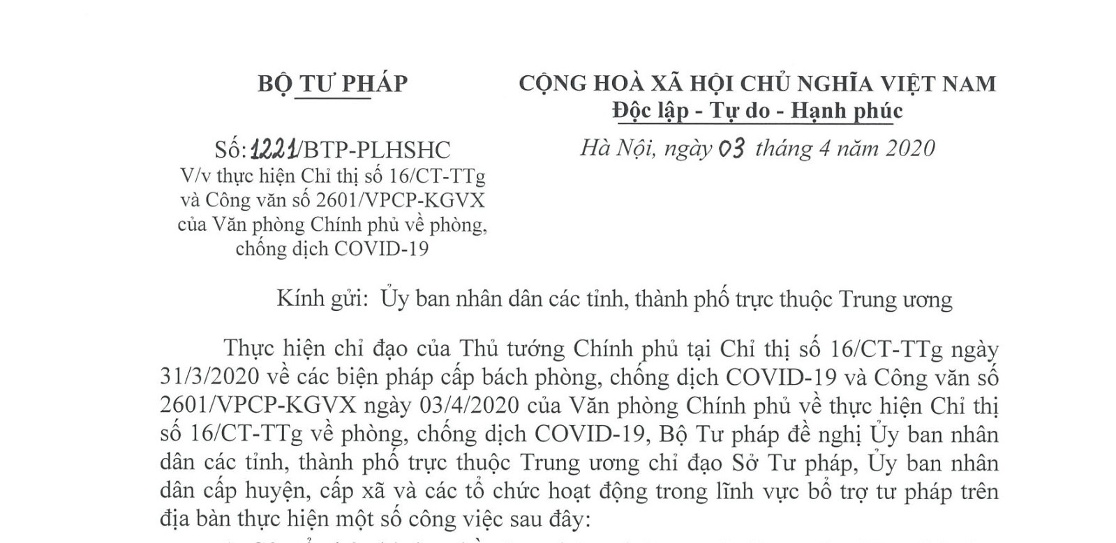 Không để các dịch vụ công thuộc lĩnh vực quản lý của Bộ, ngành Tư pháp bị đình trệ