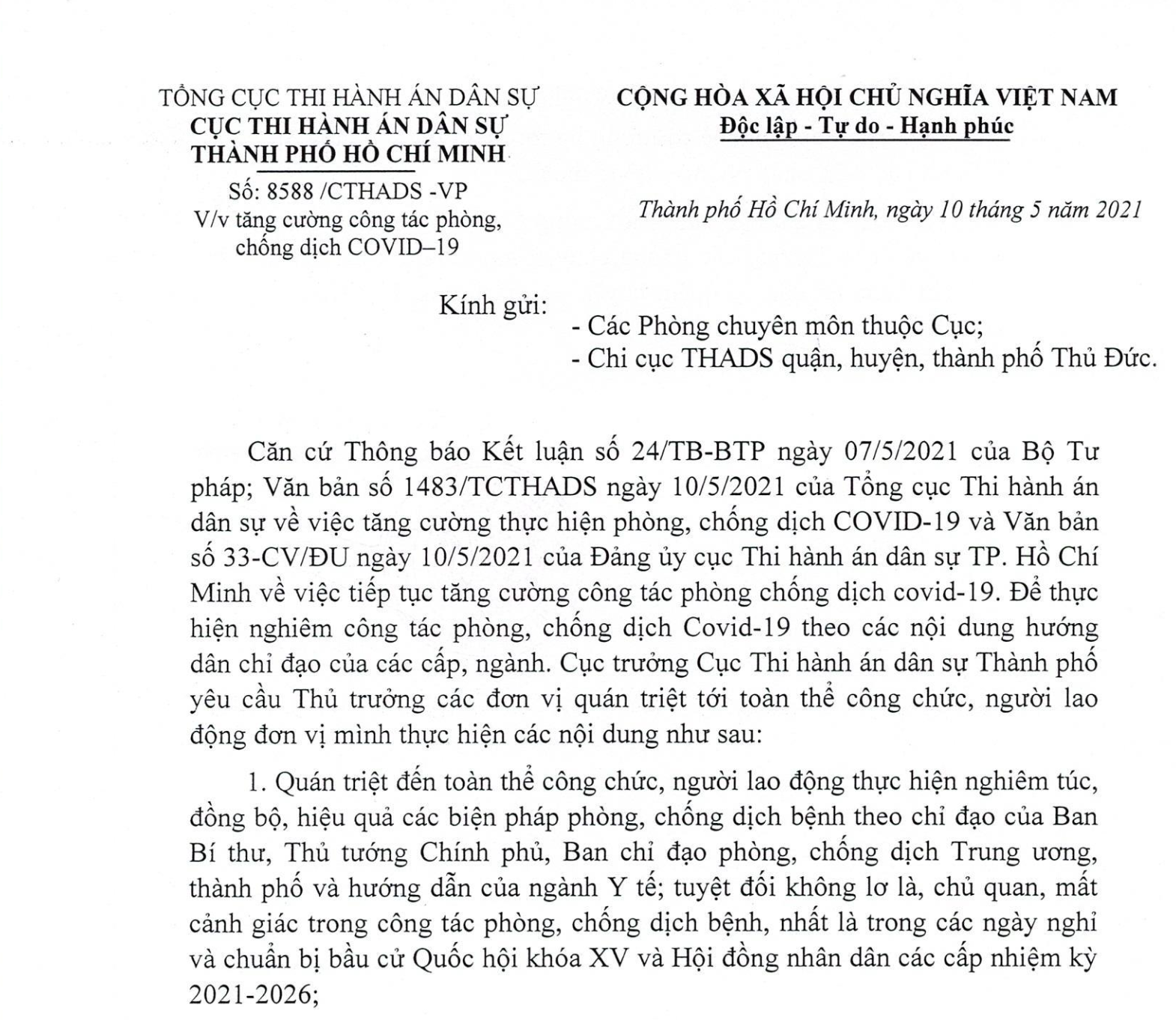 Cục THADS thành phố ban hành văn bản tăng cường công tác phòng, chống dịch Covid-19