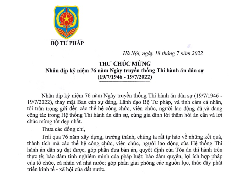 Thư chúc mừng của Bộ trưởng Lê Thành Long nhân dịp kỷ niệm 76 năm Ngày truyền thống Thi hành án dân sự (19/7/1946 - 19/7/2022)