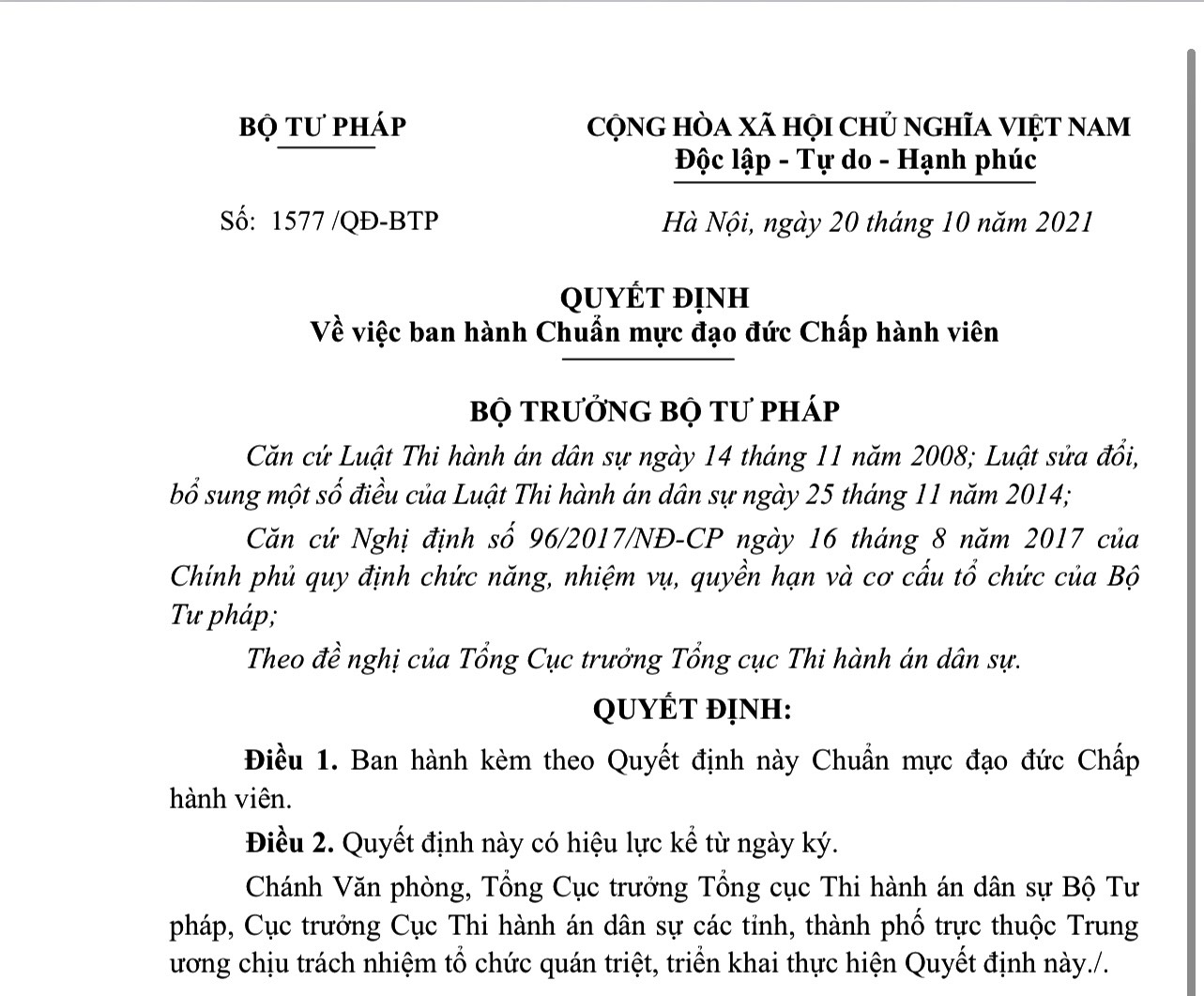 Quyết định ban hành Chuẩn mực đạo đức Chấp hành viên