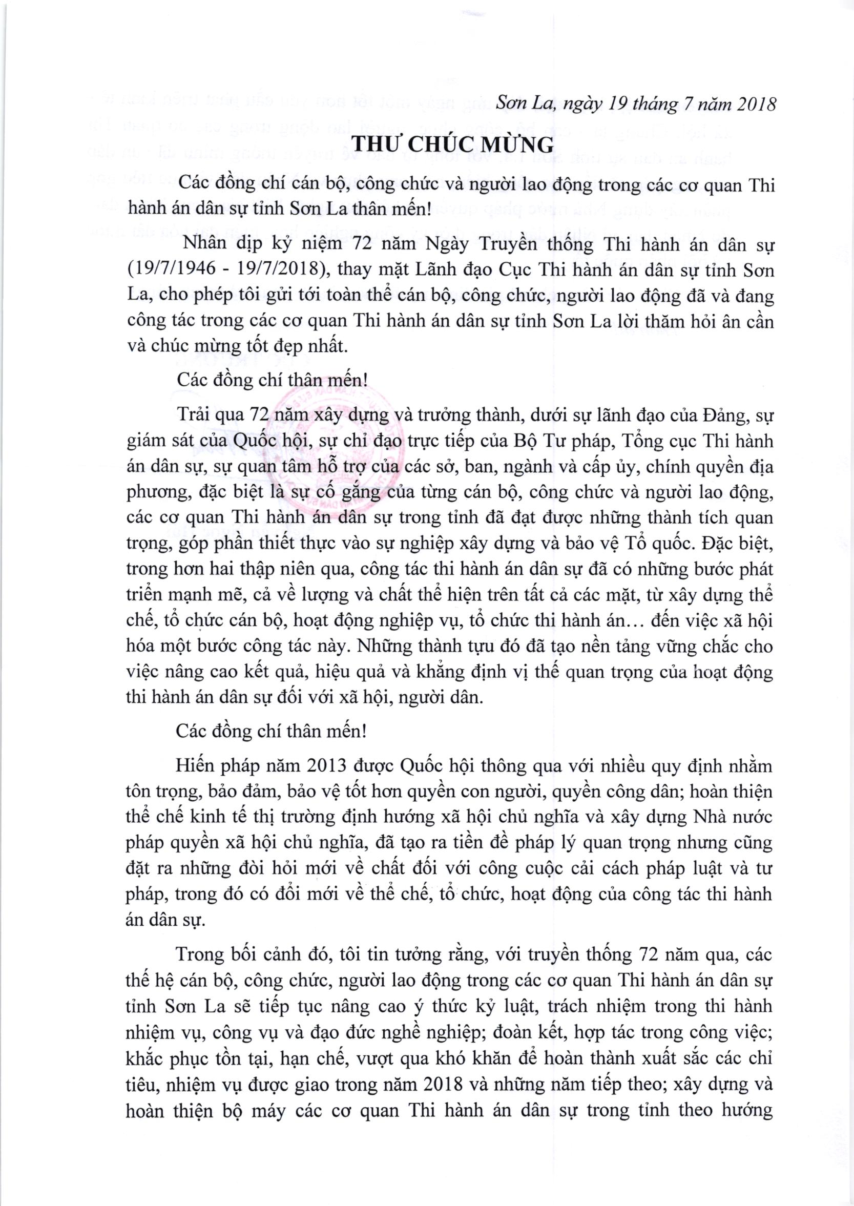 Đồng chí Nguyễn Ngọc Hải, Cục trưởng Cục THADS tỉnh Sơn La gửi Thư chúc mừng nhân dịp kỷ niệm 72 năm Ngày Truyền thống THADS (19/7/1946 - 19/7/2018)