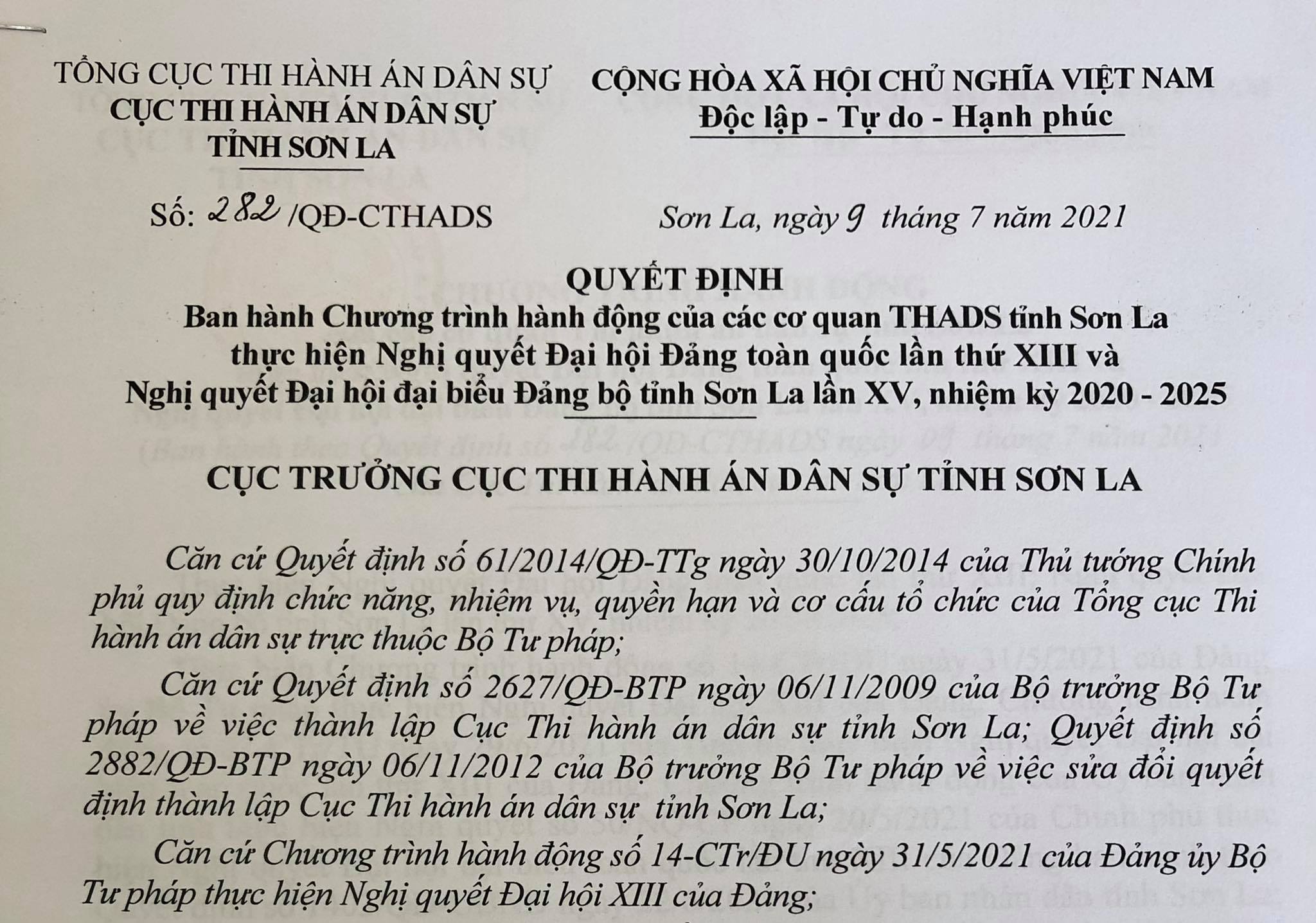 Cục Thi hành án dân sự tỉnh Sơn La xây dựng và ban hành Chương trình hành động của các cơ quan Thi hành án dân sự tỉnh thực hiện Nghị quyết Đại hội Đảng toàn quốc lần thứ XIII và Nghị quyết Đại hội đại biểu Đảng bộ tỉnh lần thứ XV, nhiệm kỳ 2020-2025