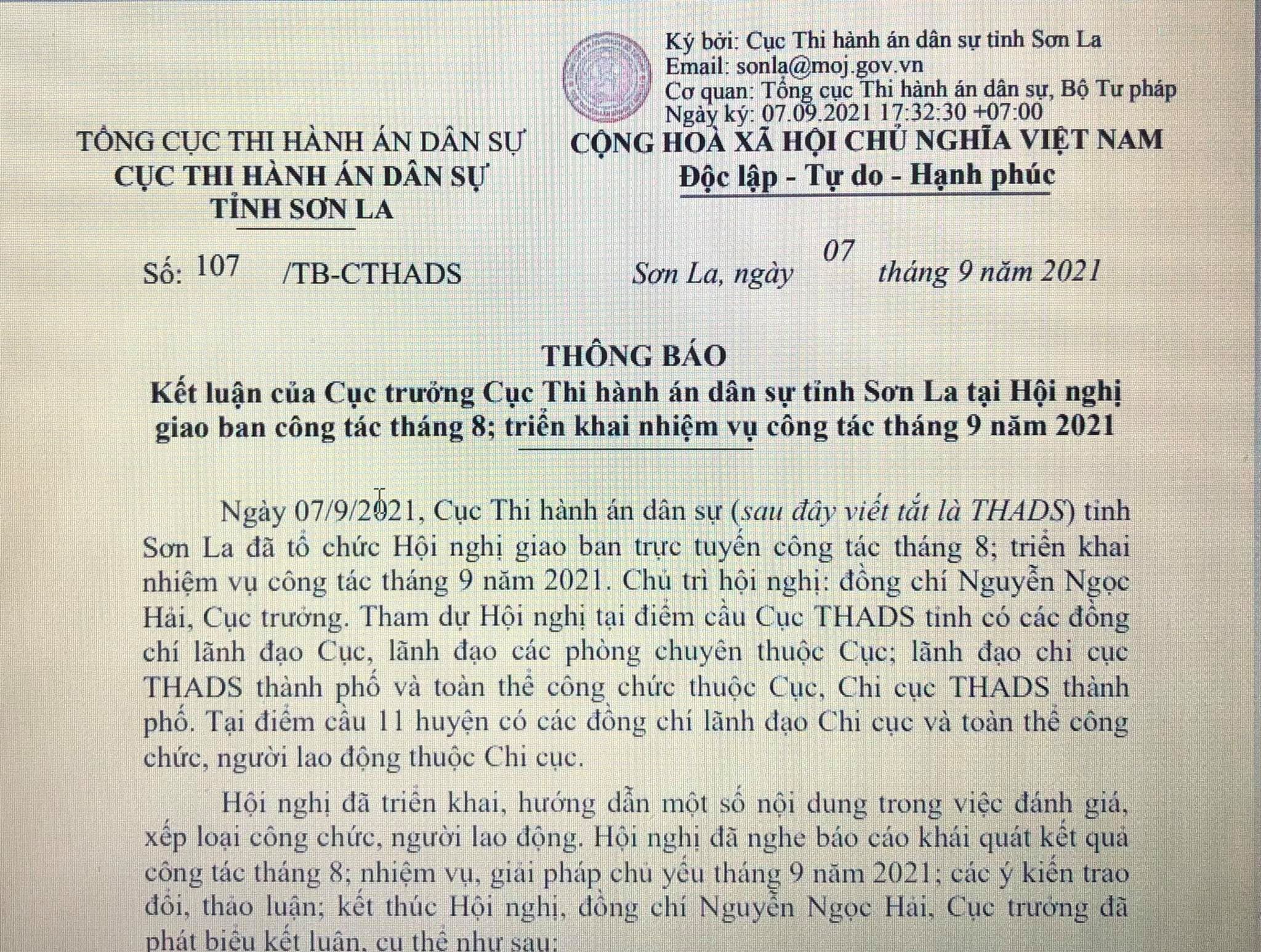 Ngày 07 tháng 9 năm 2021, Cục Thi hành án dân sự tỉnh Sơn La đã tổ chức Hội nghị giao ban trực tuyến công tác tháng 8; triển khai nhiệm vụ công tác tháng 9 năm 2021.