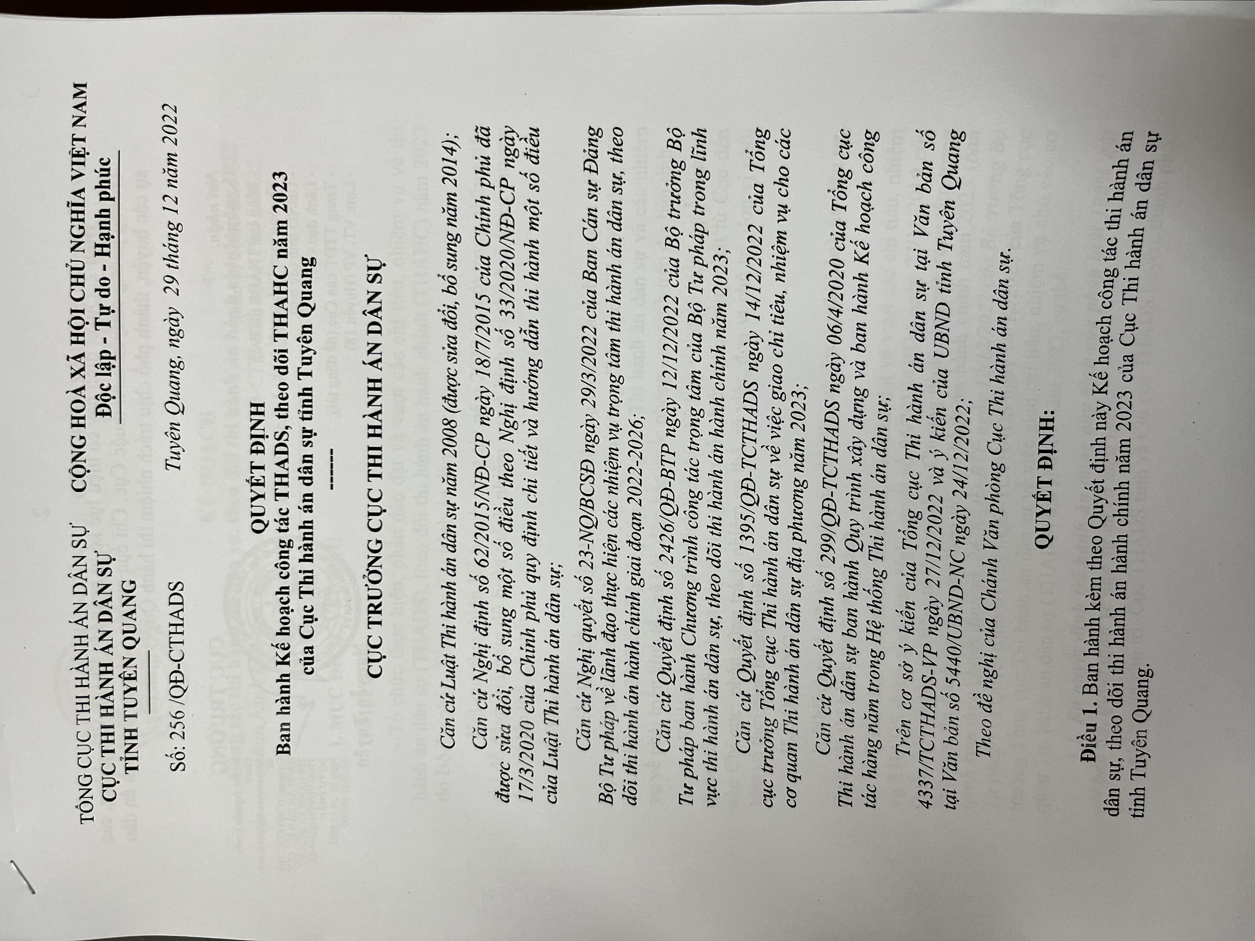 Quyết định ban hành Kế hoạch công tác THADS, theo dõi THAHC năm 2023  của Cục Thi hành án dân sự tỉnh Tuyên Quang