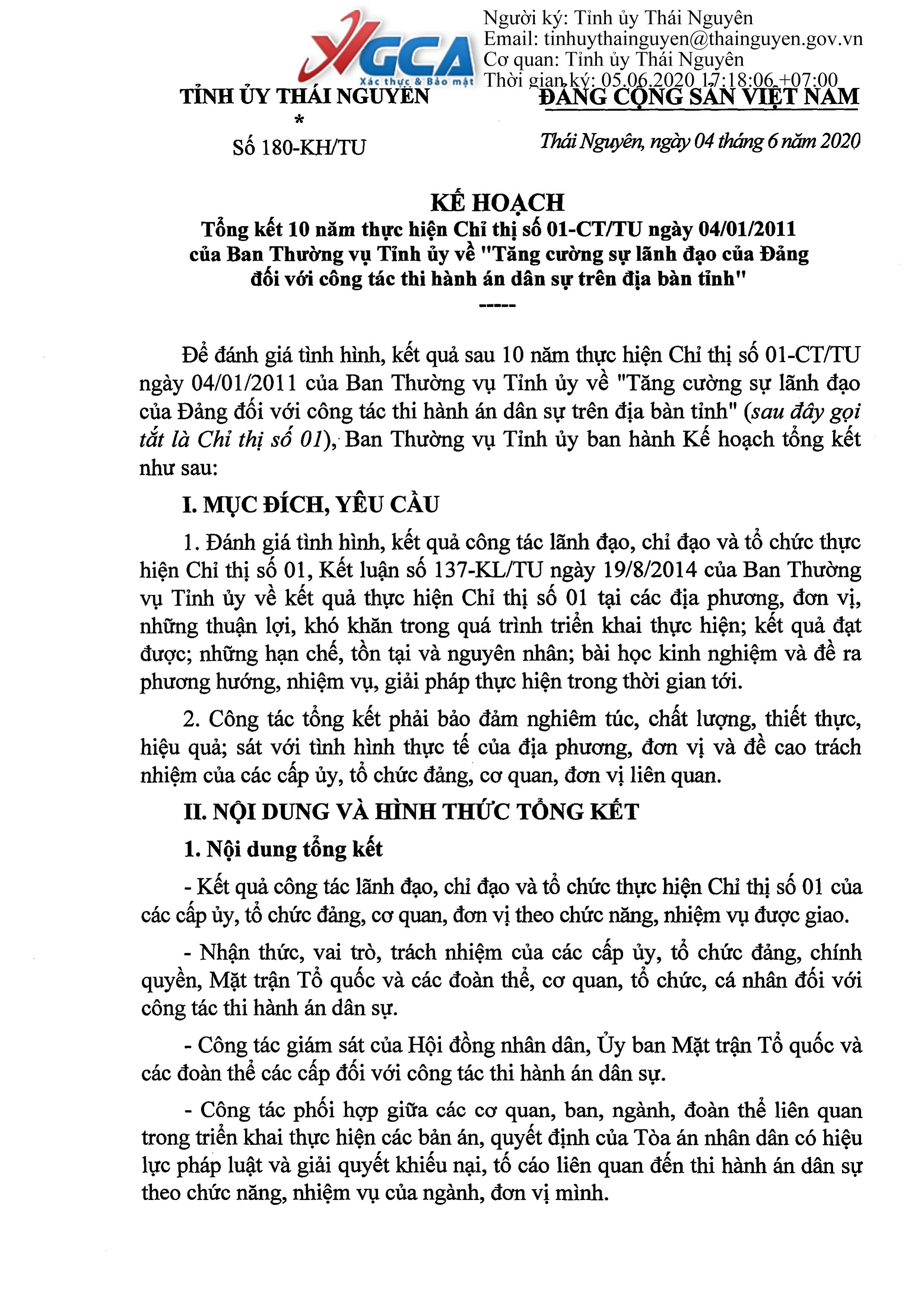 Ban thường vụ Tỉnh ủy Thái Nguyên ban hành Kế hoạch tổng kết 10 năm thực hiện Chỉ thị số 01-CT/TU ngày 04/01/2011 của Ban Thường vụ Tỉnh ủy về “Tăng cường sự lãnh đạo của Đảng đối với công tác thi hành án dân sự trên địa bàn tỉnh”