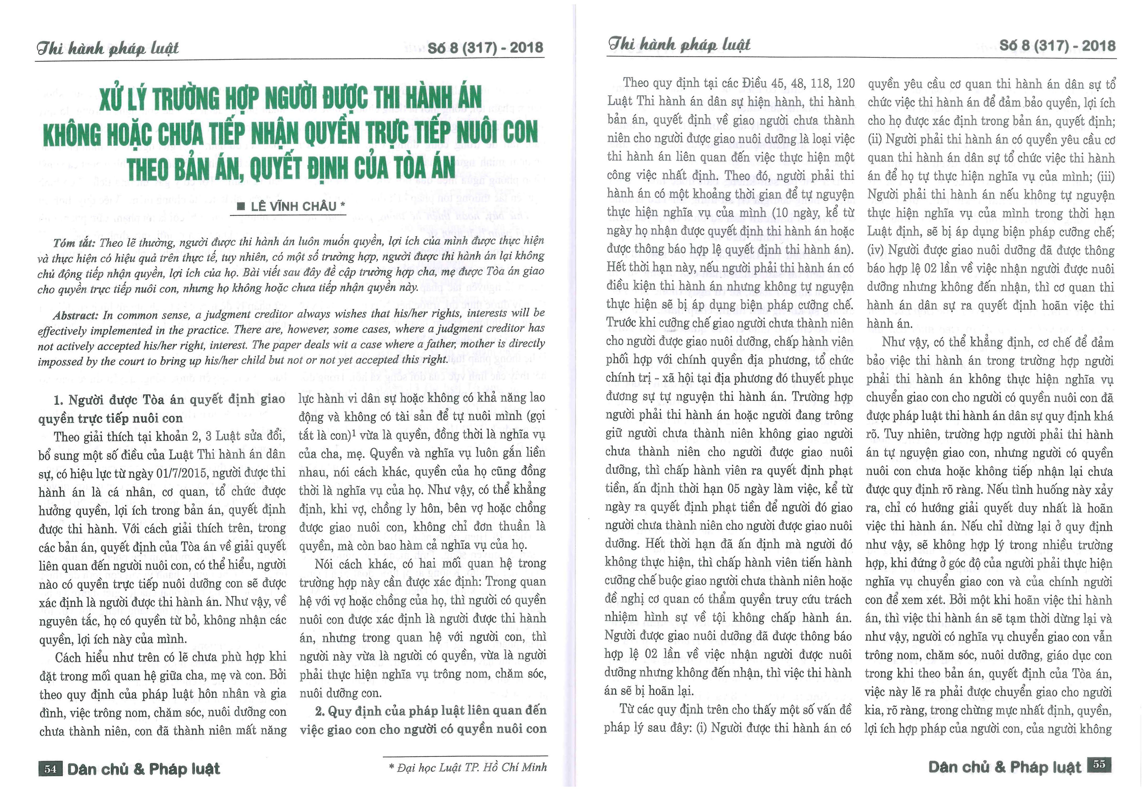Xử lý trường hợp người được thi hành án không hoặc chưa tiếp nhận trực tiếp nuôi con theo Bản án, Quyết định của Tòa án